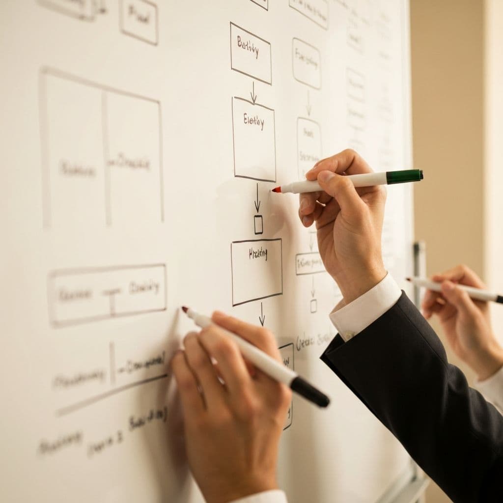 Strategic planning session with organizational charts
